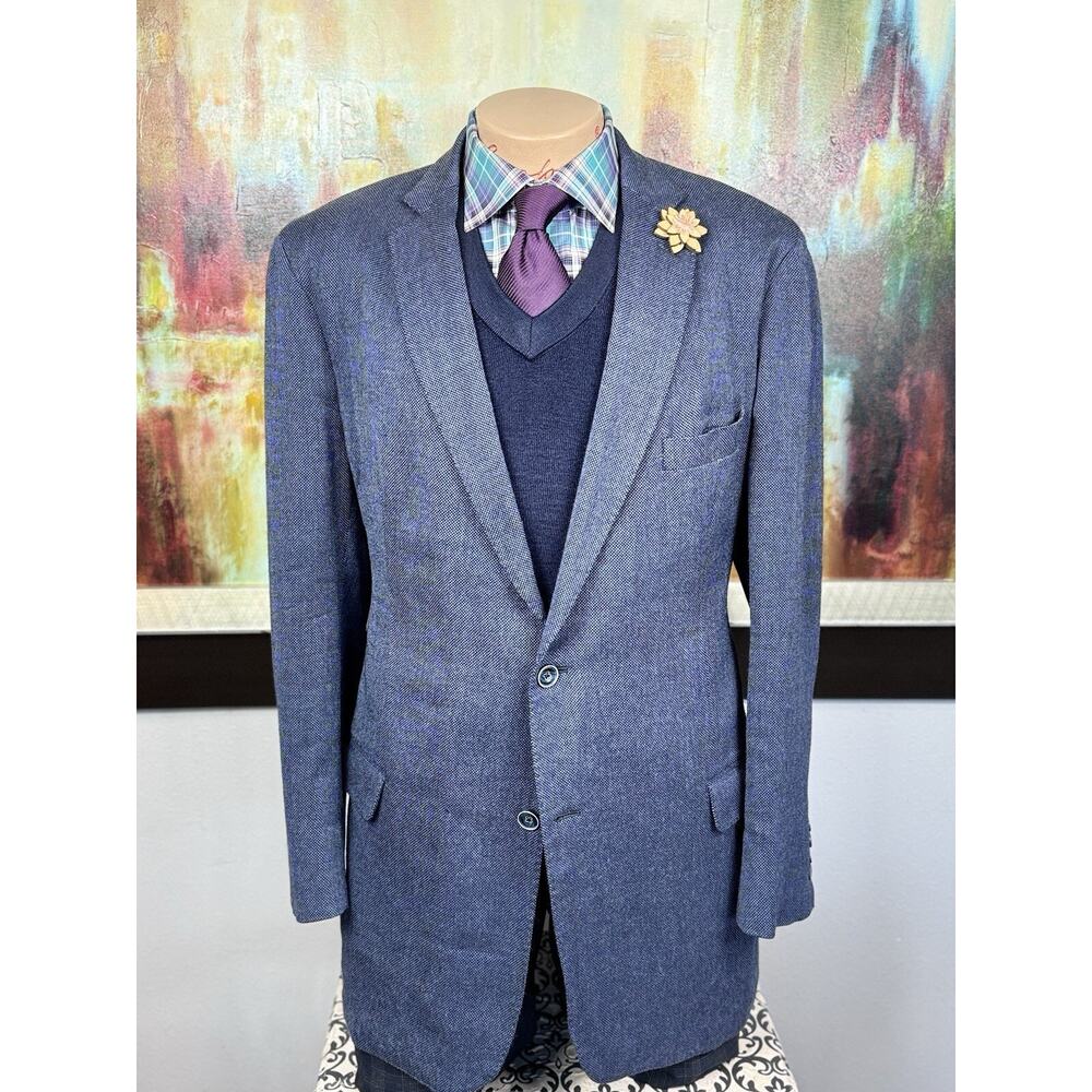J Hilburn Mens Blue Barleycorn Woven Wool Blazer 46L MSRP $1123